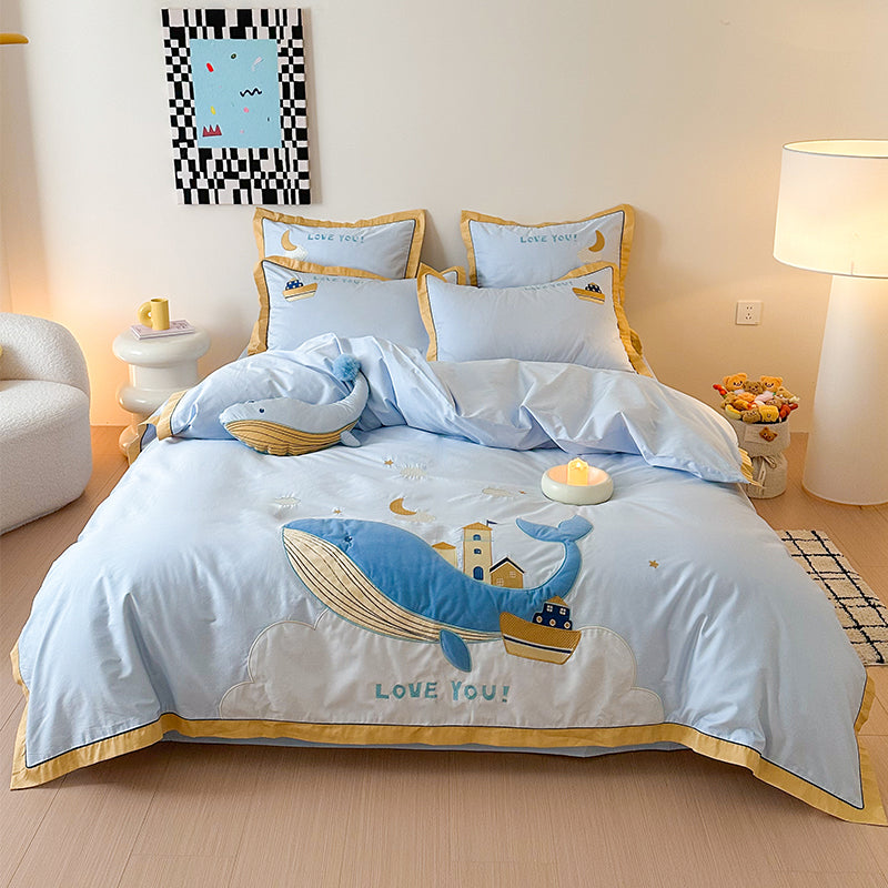Cute Cartoon Whale For Boy And Girl  Pure Cotton Four-Piece Bed Set - Harmony Gallery