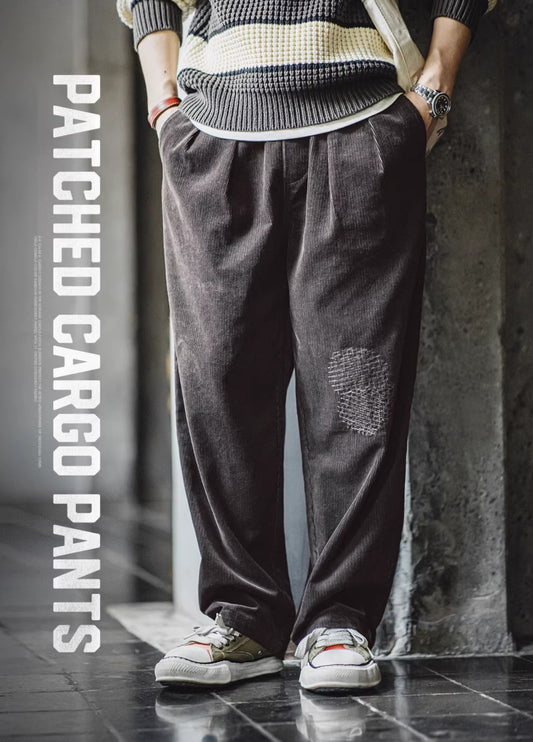 American Retro Corduroy Patch Vintage Loose Wide-Leg Men's Trousers - Harmony Gallery