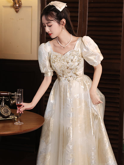 Vintage Gold and Cream Puff Sleeve Ball Gown with Floral Embroidery - Harmony Gallery