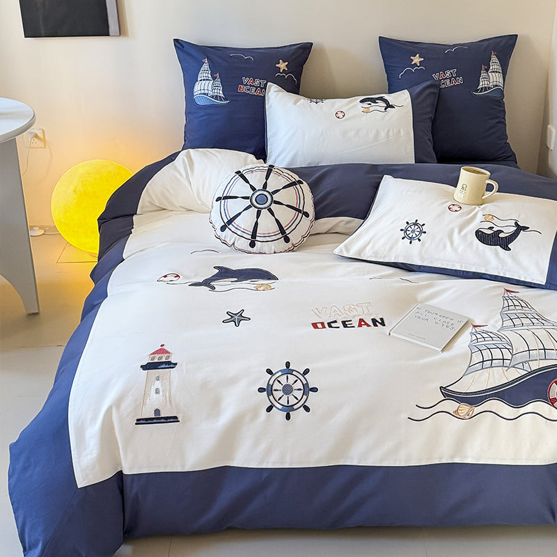 Cute Cartoon Brushed Boy Embroidered Pure Cotton Four-Piece Bed Set - Harmony Gallery