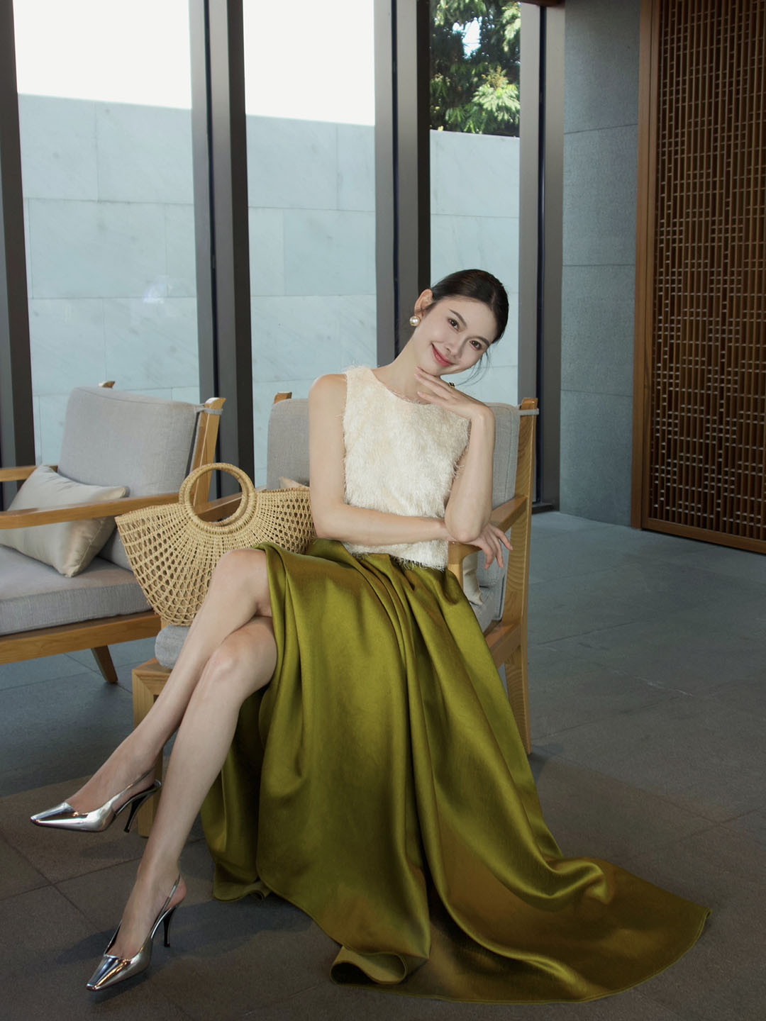 Elegant Two-Piece White Textured Sleeveless Top with Flowing Olive Green Maxi Skirt - Harmony Gallery