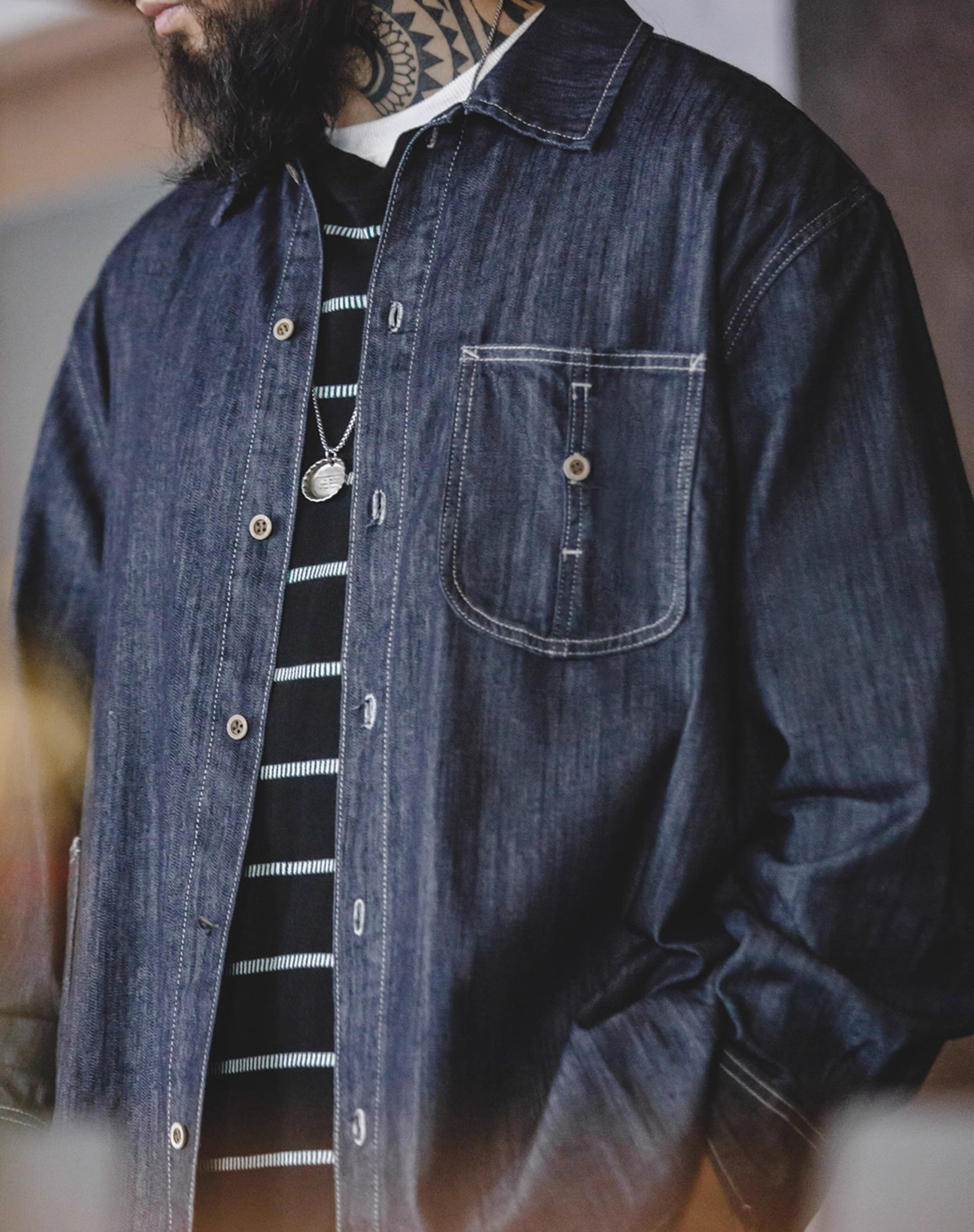 American Retro Washed Denim Big Pocket Loose Men's Shirt - Harmony Gallery