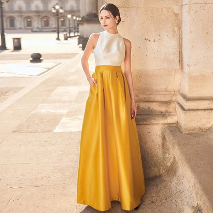 Elegant Gold and Ivory Satin Evening Gown with Halter Neckline - Harmony Gallery