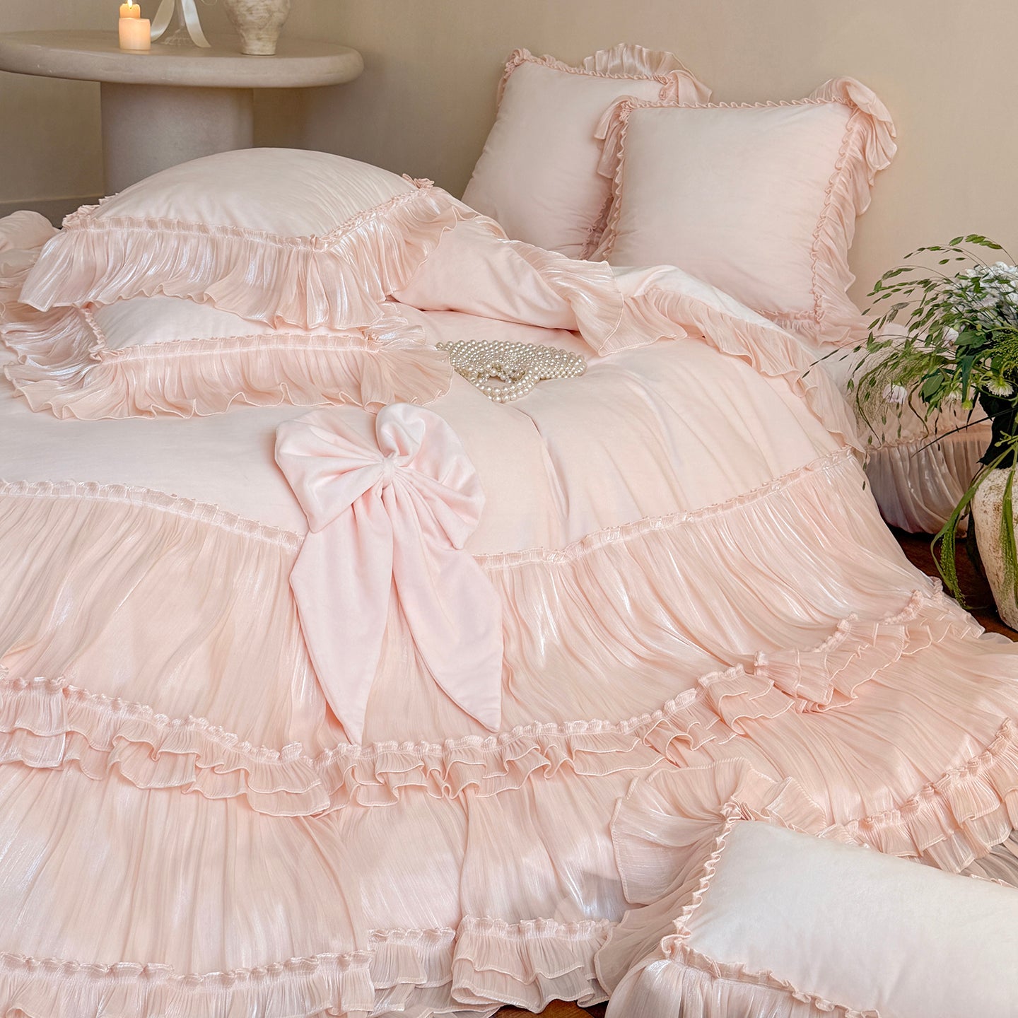 French Princess Thickened Bow Matte Warm Coral Fleece Four-Piece Bed Set - Harmony Gallery