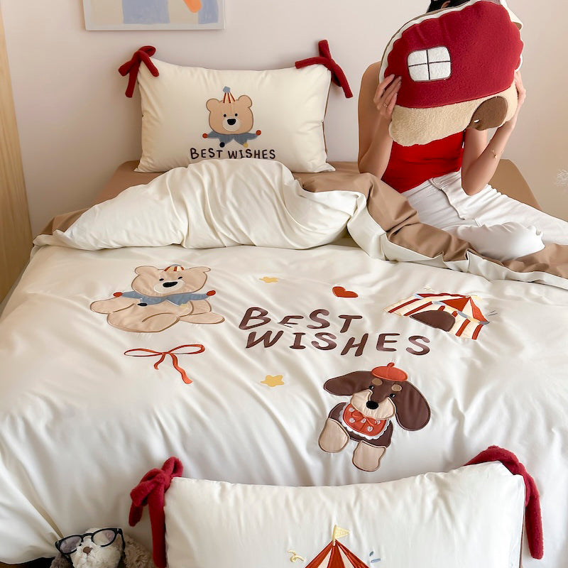 Cartoon Circus Bear Embroidery Pure Cotton Long Staple Four-Piece Bed Set - Harmony Gallery
