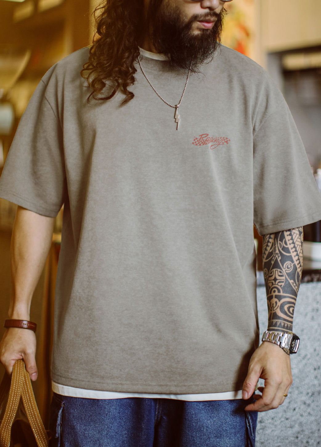 American Retro Motorcycle Back Print Washed Gray Silhouette Men's T-Shirt - Harmony Gallery