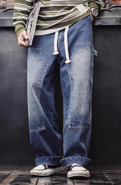 American Retro Double Knee Logging Washed And Distressed Wide-Leg Men's Jeans - Harmony Gallery