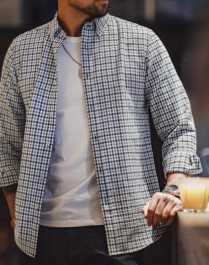 American Retro Workwear Plaid Anti-Wrinkle Men's Shirt - Harmony Gallery