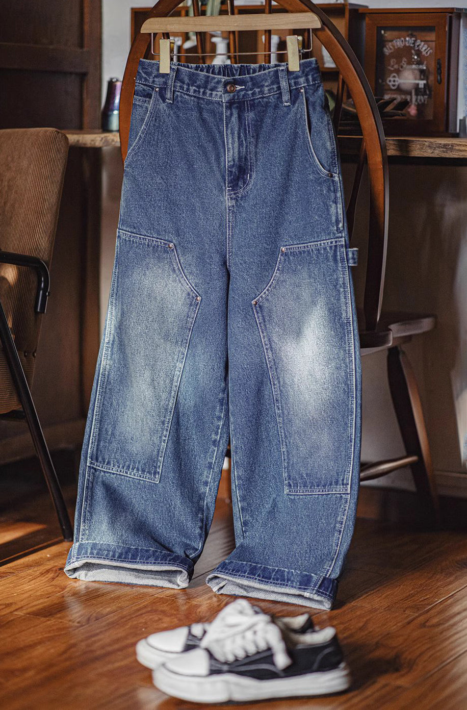 American Retro Double Knee Logging Washed And Distressed Wide-Leg Men's Jeans - Harmony Gallery