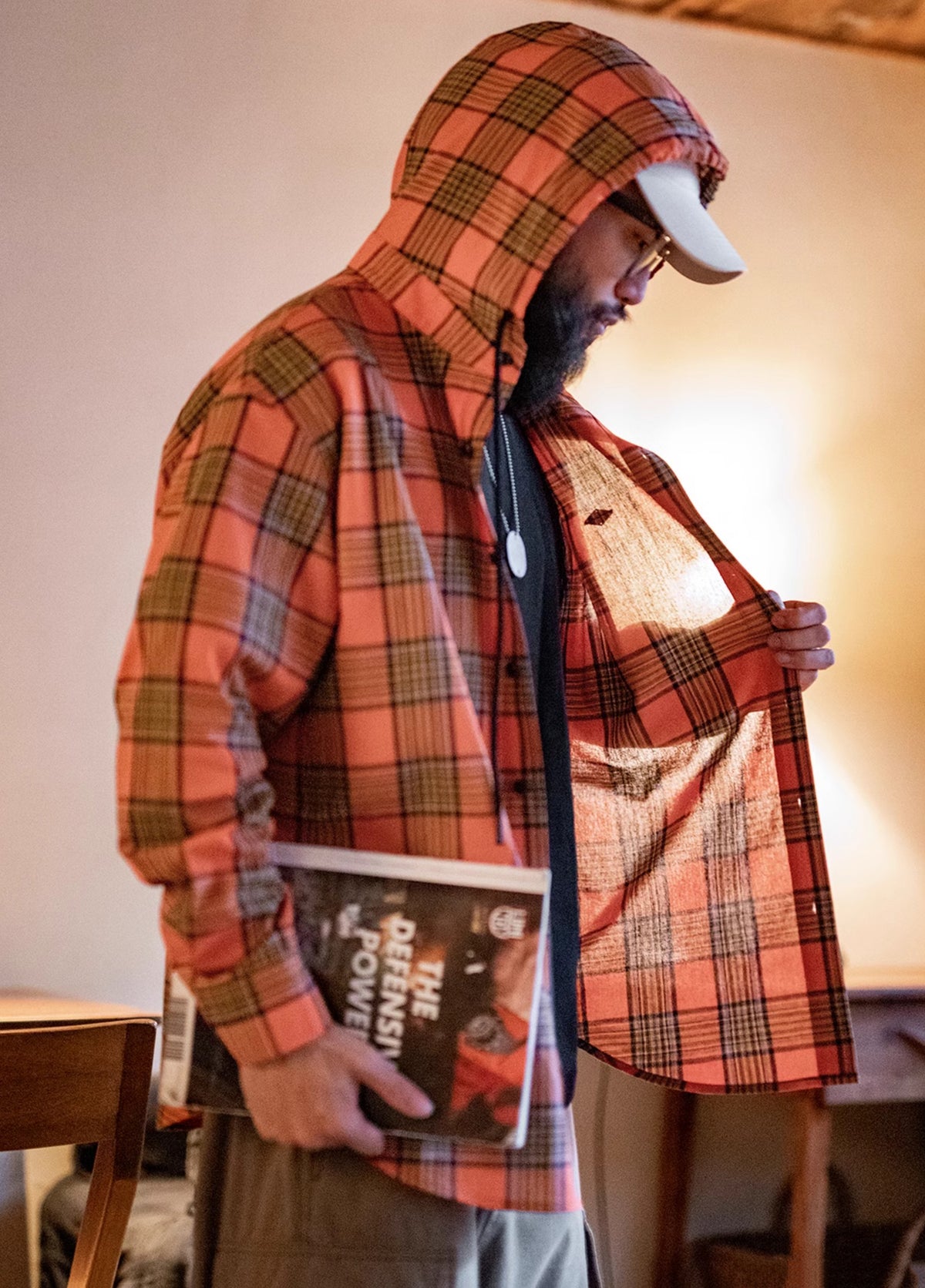 American Retro Casual Yarn-Dyed Orange Hooded Plaid Loose Men's Shirt - Harmony Gallery