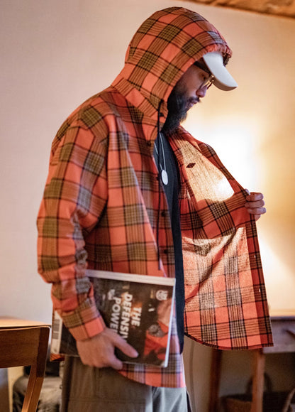American Retro Casual Yarn-Dyed Orange Hooded Plaid Loose Men's Shirt - Harmony Gallery