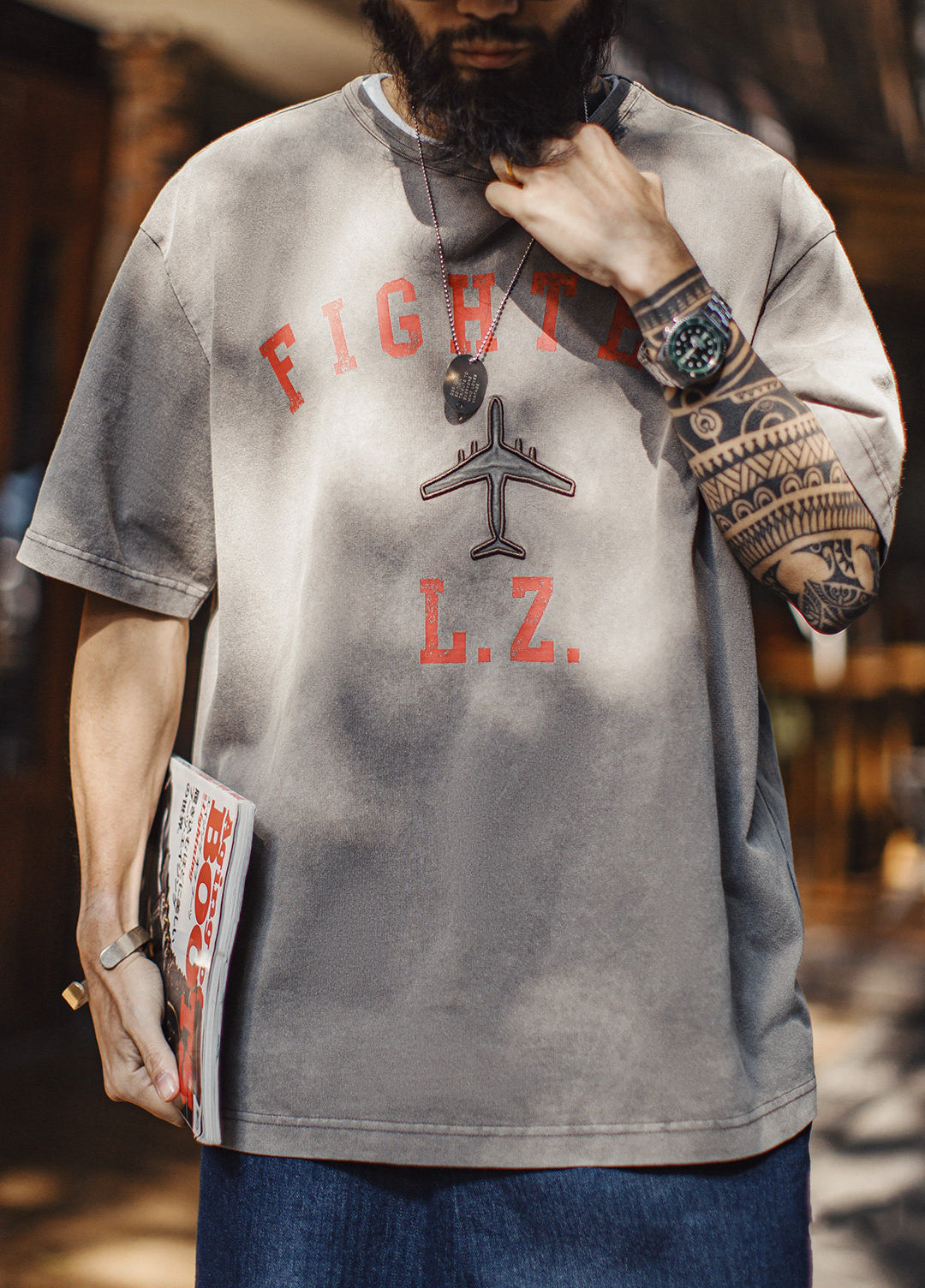 American Retro Heavyweight Embroidered Print Oversized Men's T-Shirt