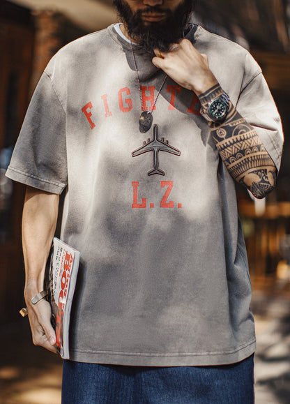 American Retro Heavyweight Embroidered Print Oversized Men's T-Shirt