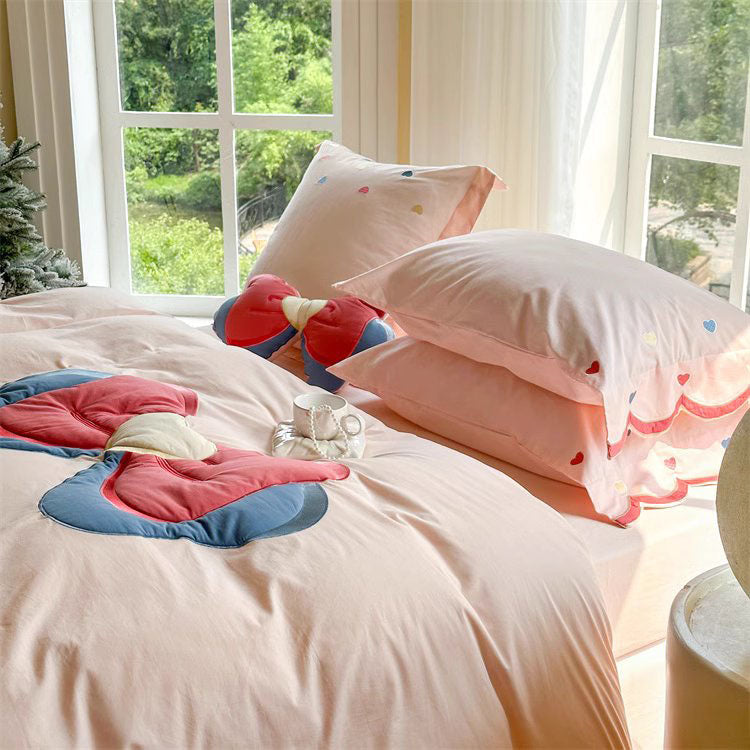 Girly Heart Cute Bow Washed Four-piece Pure Cotton Bed Set - Harmony Gallery