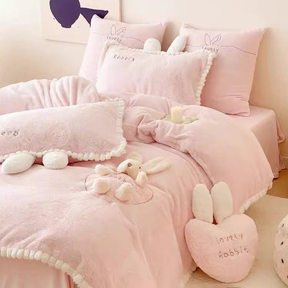 Cute Cartoon Rabbit Velvet Warm Double-Sided Four-Piece Bed Set - Harmony Gallery