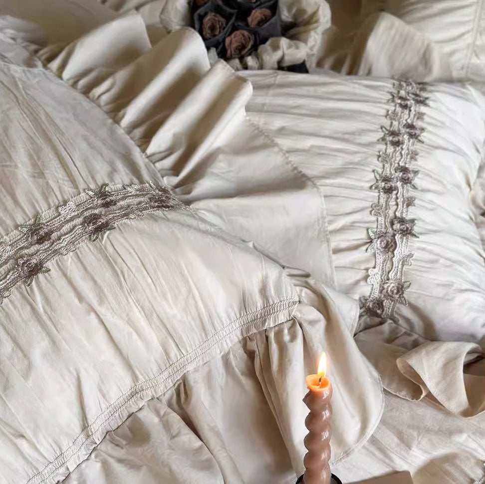 French Pleated Lace Washed Pure Cotton Four-Piece Bed Set - Harmony Gallery