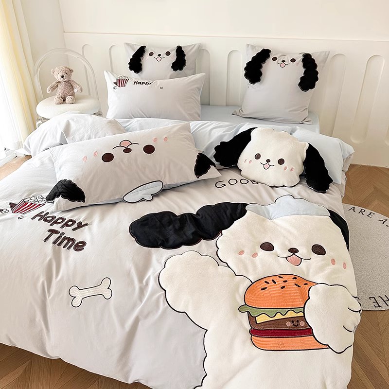 Cartoon Foodie Dog With Long Ears Washed Cotton Four-Piece Bed Set - Harmony Gallery