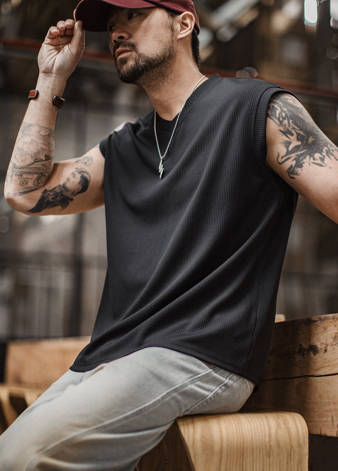 American Retro Striped Workwear Fitness Vest Base Layer Men's T-Shirt