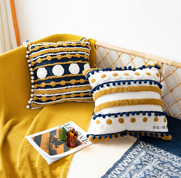 Nautical Charm Gold Accent Textured Throw Pillows with Pom-Pom Details - Harmony Gallery