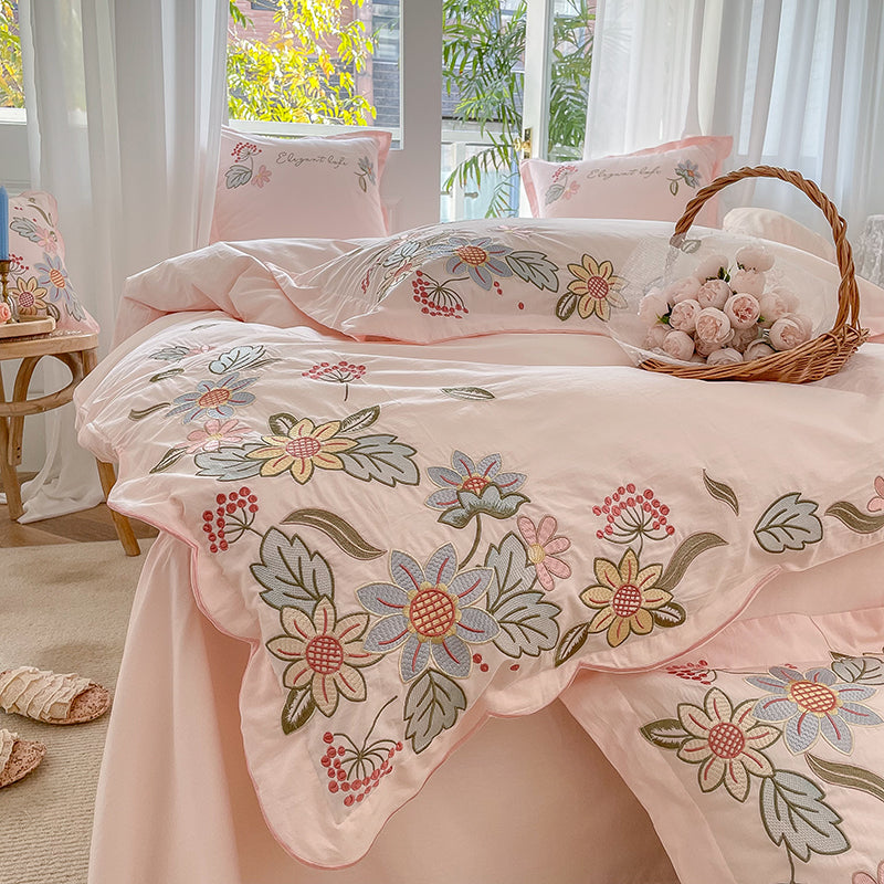 Pure Washed Cotton Floral Embroidery Pastoral Four-Piece Bed Set - Harmony Gallery
