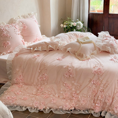 French Romantic Girly Four-Piece Thickened Coral Fleece Warm Bed Set - Harmony Gallery