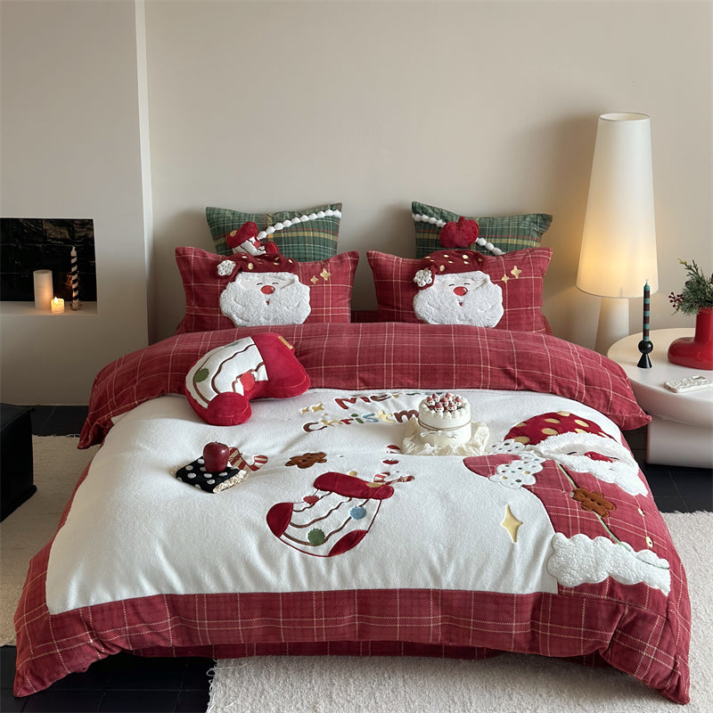 Christmas Wool Milk Velvet Four-Piece Winter Thick Warm Bed Set - Harmony Gallery