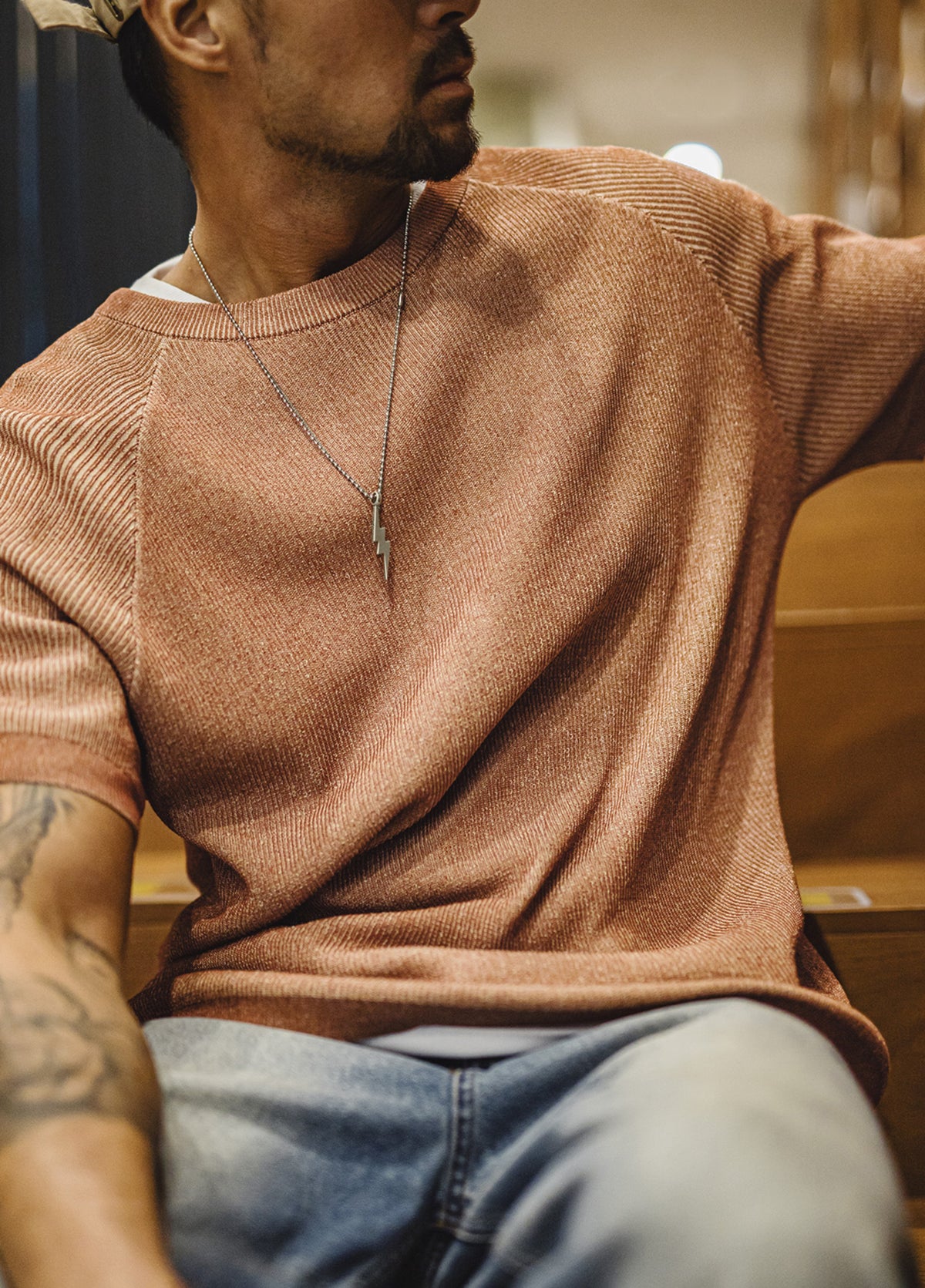 American Retro Gravel Orange Casual Loose Drape Thread Men's T-Shirt - Harmony Gallery