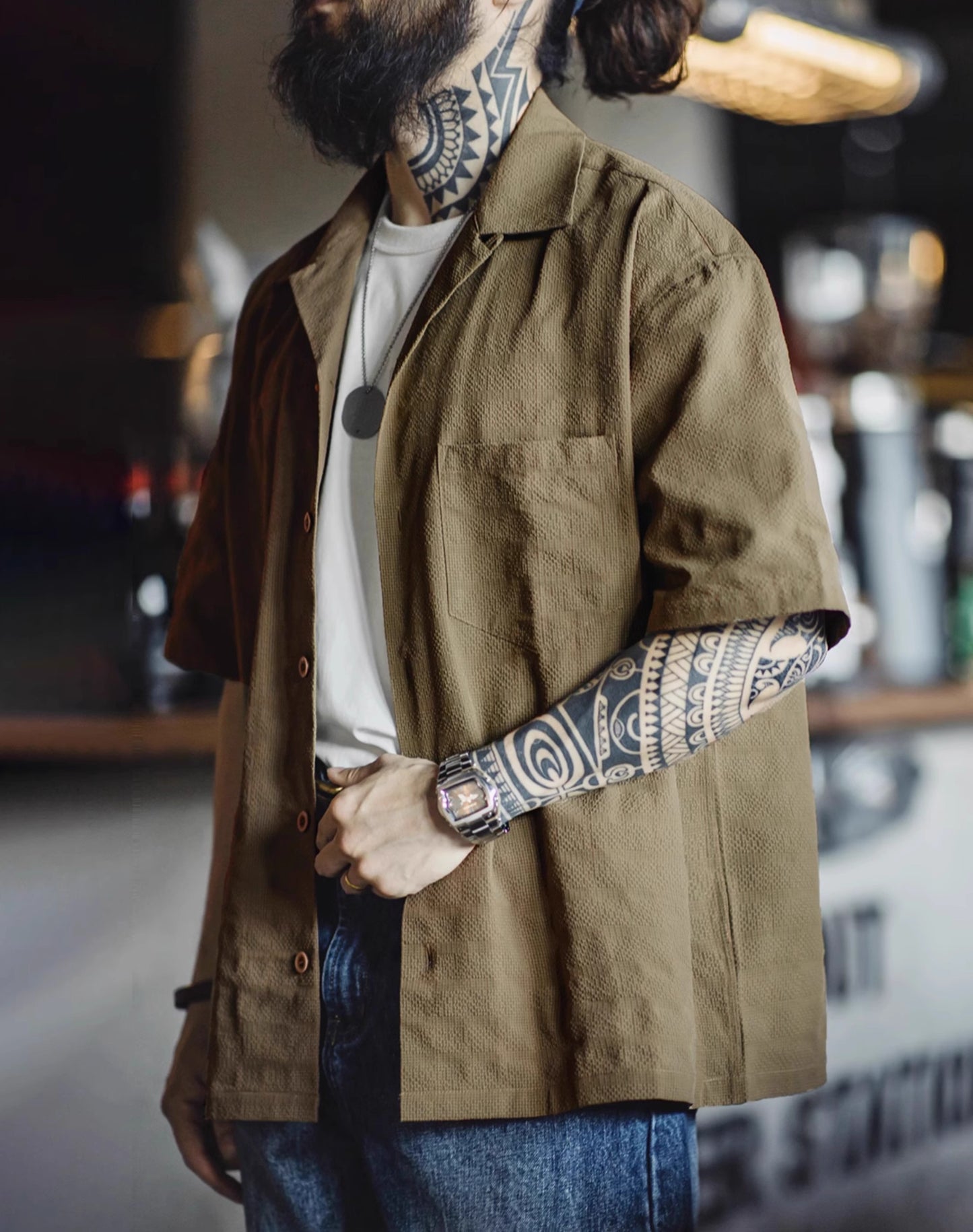 American Workwear Pleated Texture Woven Jacquard Men's Shirt - Harmony Gallery