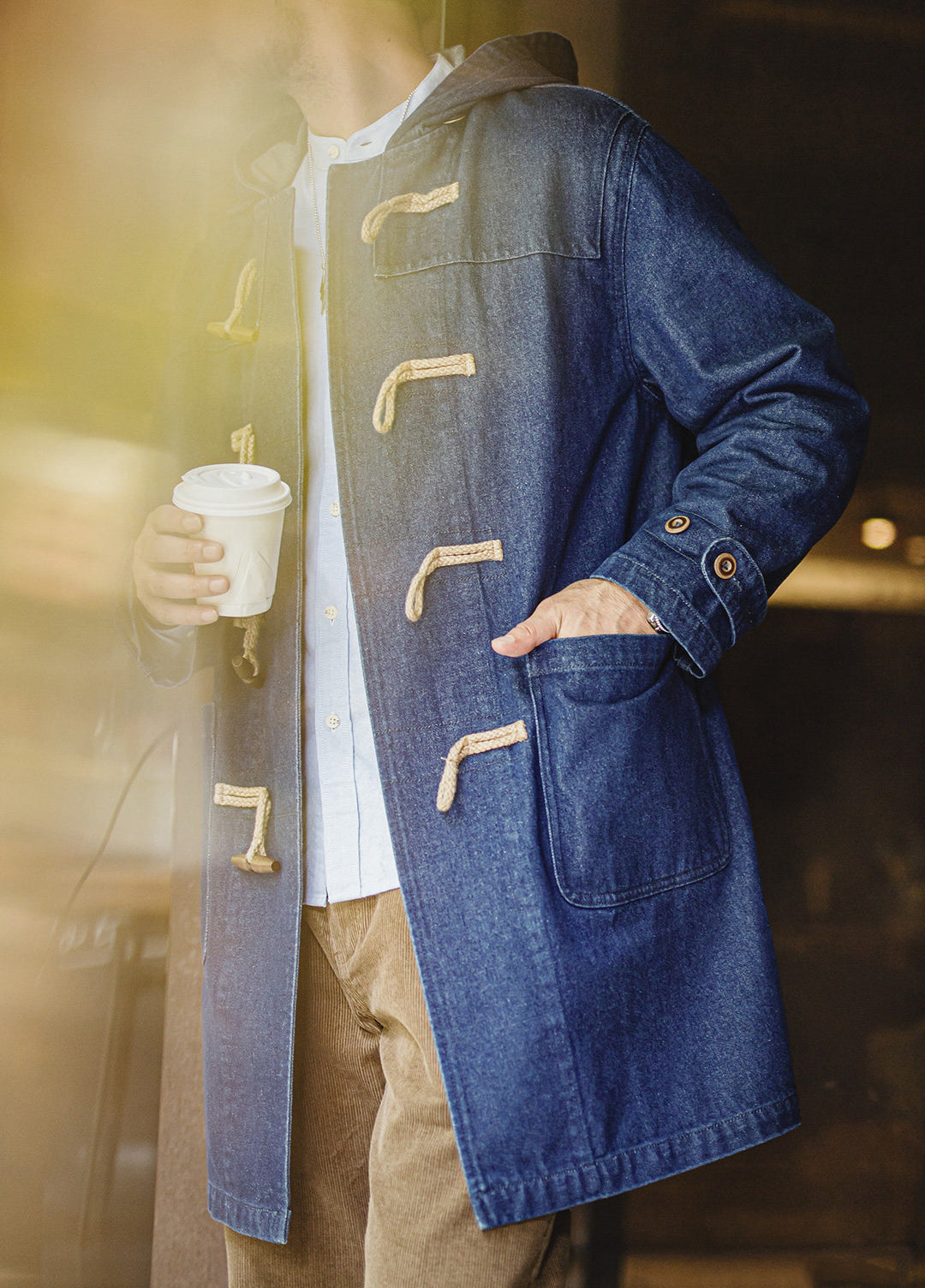 American Horn Button Hooded Windbreaker Mid-Length Denim Men's Coat