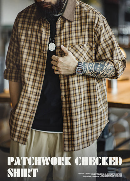 American Retro Workwear Scottish Plaid Corduroy Splicing Men's Shirt - Harmony Gallery