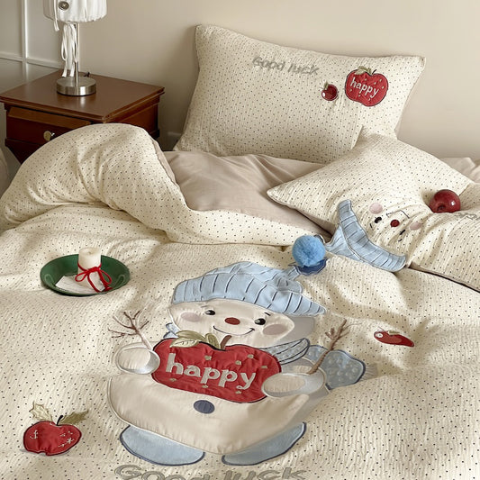 Cartoon Embroidered Breathable Double-Layer Ultra-Soft Four-Piece Bed Set