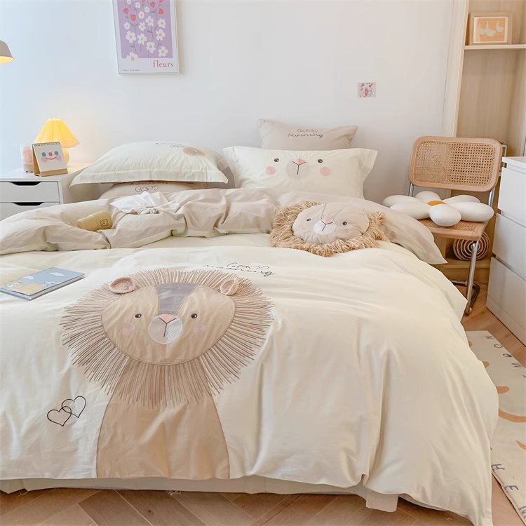 Cute Little Lion Pure Cotton Washed Four-Piece Bed Set - Harmony Gallery