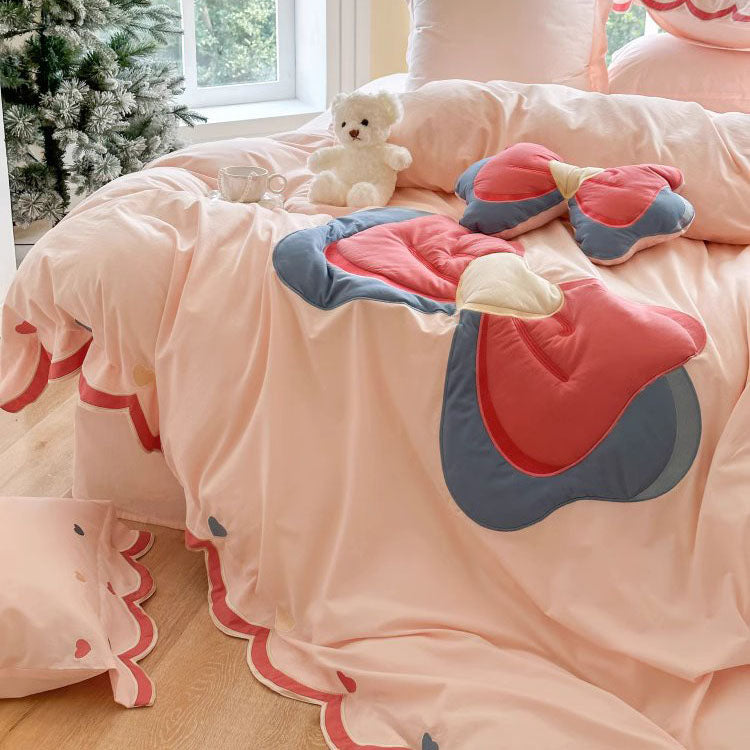 Girly Heart Cute Bow Washed Four-piece Pure Cotton Bed Set - Harmony Gallery