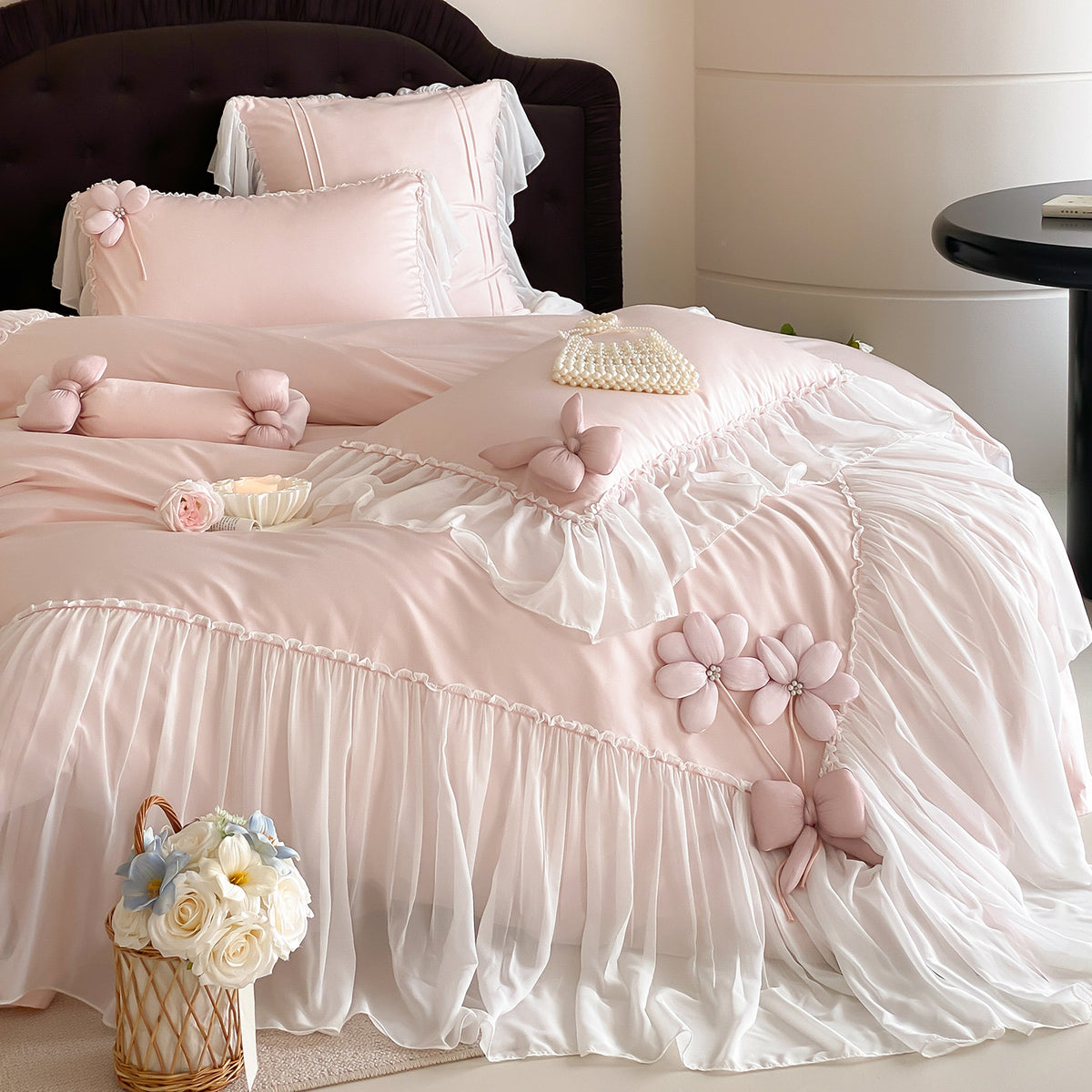 French Girly Lace-Trimmed Bow Princess Four-Piece Cotton Long-Staple Bed Set - Harmony Gallery