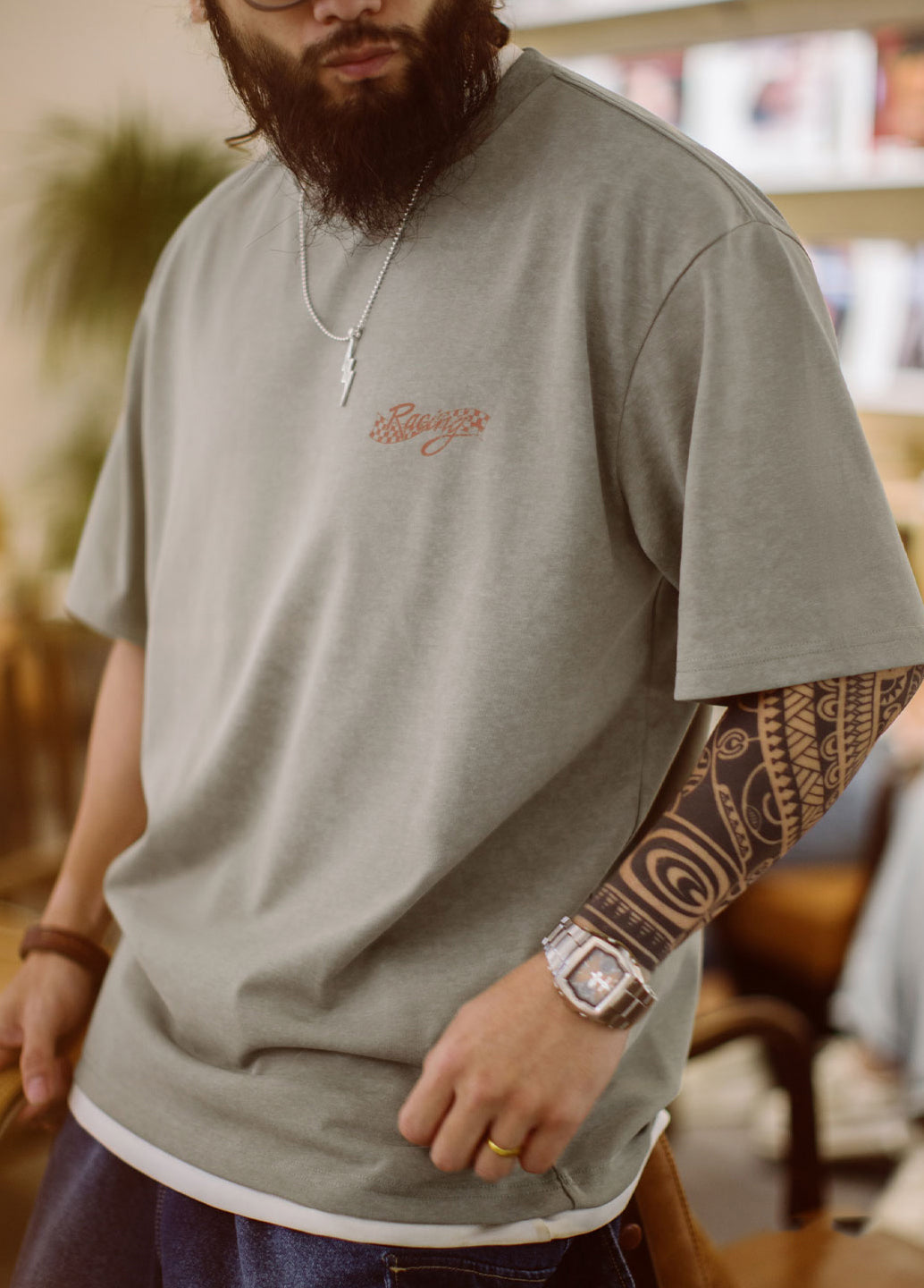 American Retro Motorcycle Back Print Washed Gray Silhouette Men's T-Shirt - Harmony Gallery