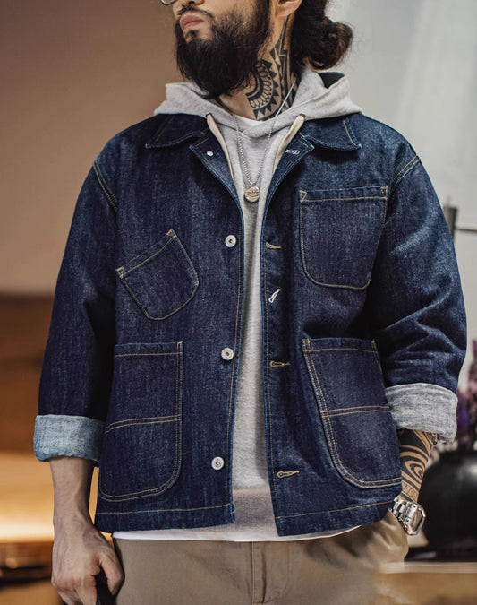 American Retro Workwear Denim Multi-Pocket Men's Jacket - Harmony Gallery