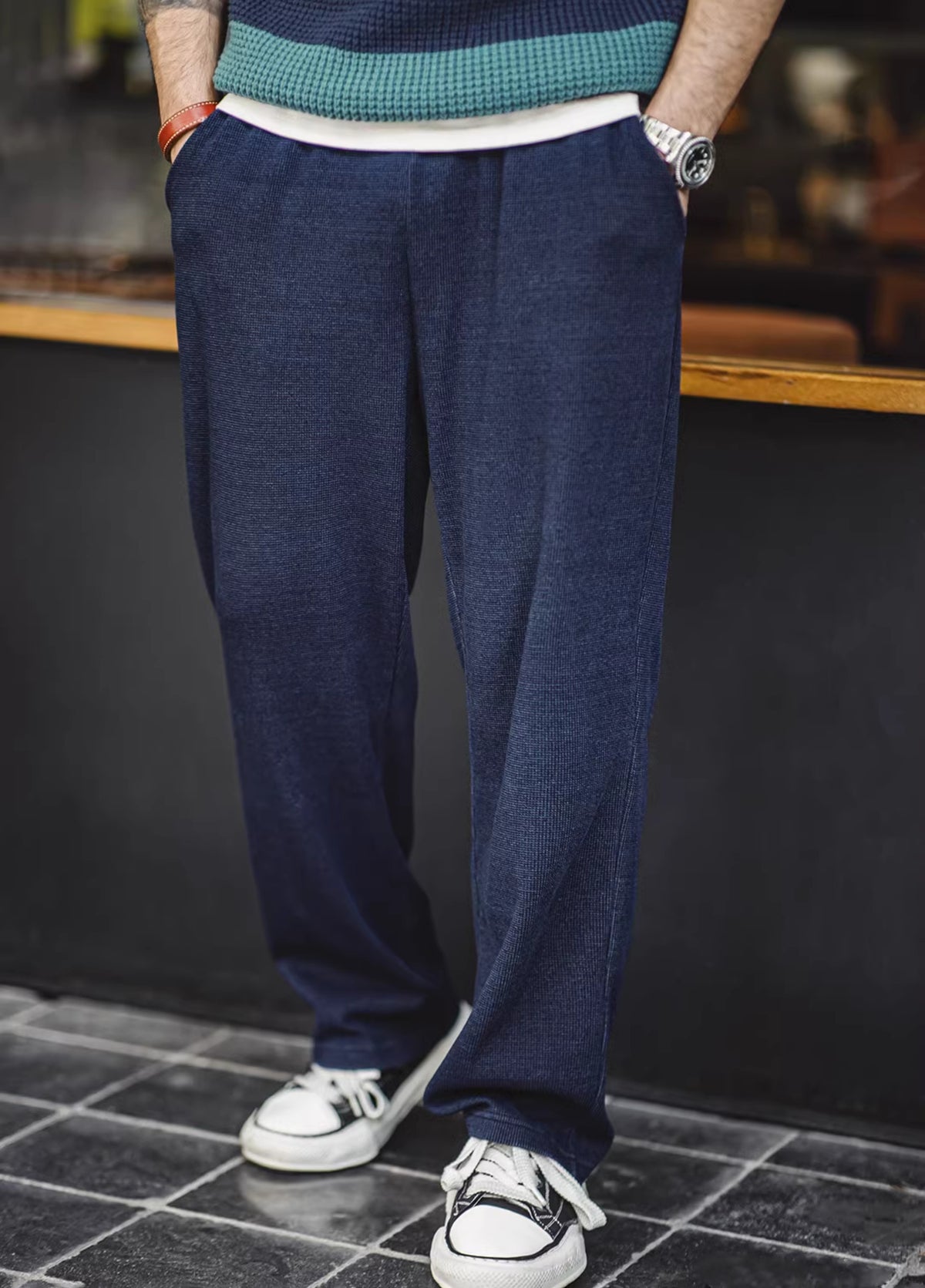 American Retro Knitted Drape Waffle Sweatpants Textured Men's Trousers - Harmony Gallery