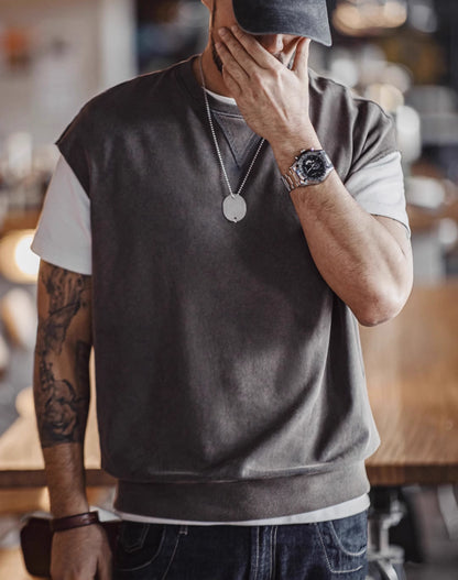 American Wasteland Style Old Wide Shoulder Vest Ribbed Men's T-Shirt - Harmony Gallery