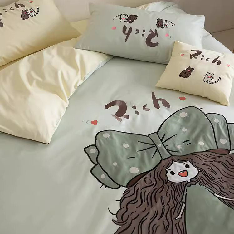 Cartoon Cute Butterfly Girl Cotton Four-Piece Bed Set - Harmony Gallery
