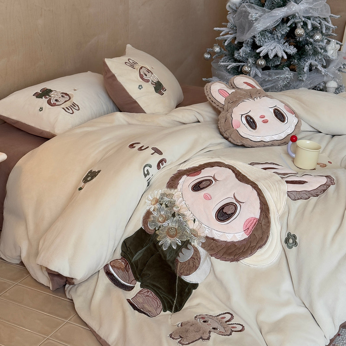 Labubu Monster Cartoon Coral Fleece Warm Double-Sided Thick Four-Piece Bed Set - Harmony Gallery