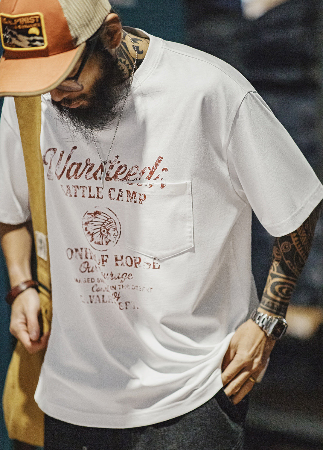 American Retro Distressed Letter Print  Drop Shoulder Thin  Men's T-Shirt