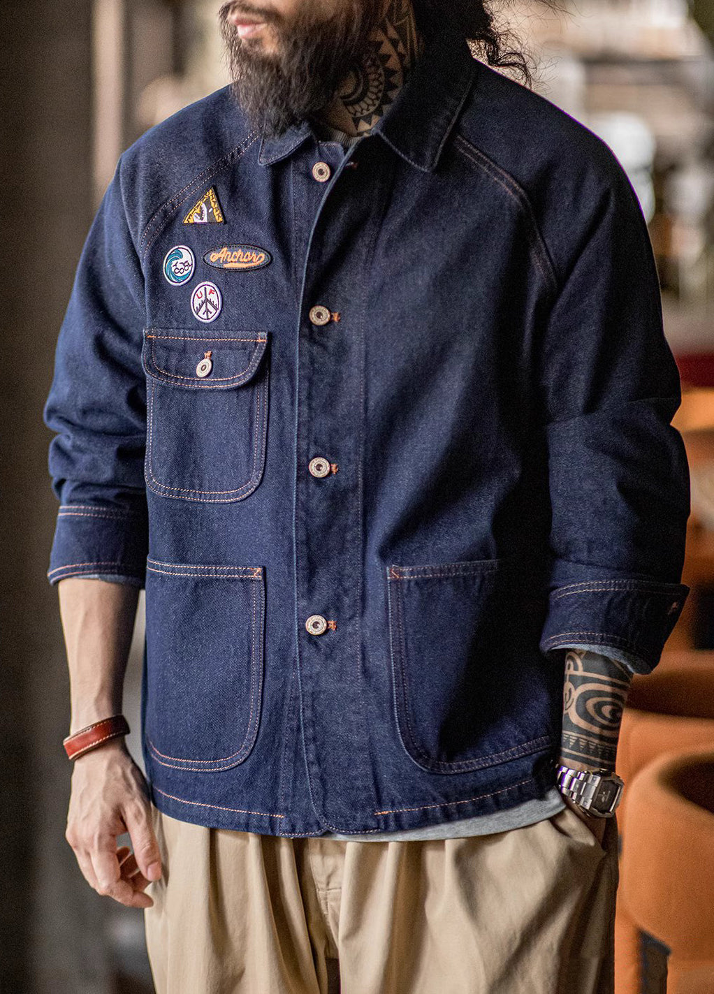 American Retro Embroidered Badge Denim Heavy Washed Men's Jacket - Harmony Gallery