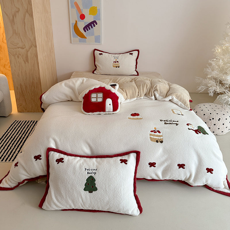 Winter Creamy Cake Snowman Thickened Cashmere Four-Piece Fleece Bed Set - Harmony Gallery
