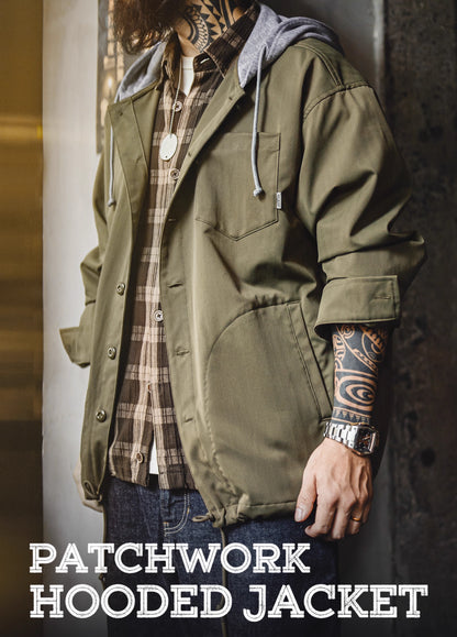American Retro Fake Two-Piece Splicing Hooded Herringbone Men's Jacket - Harmony Gallery
