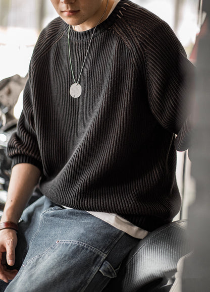 American Retro Vertical Striped Knitted Raglan Sleeve Thick Warm Men's Sweater - Harmony Gallery
