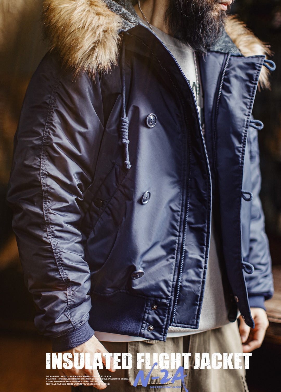 American Retro N2A Fur Collar Parka Blue Mountain Eagle Cotton Men's Jacket - Harmony Gallery