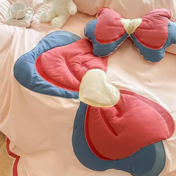 Girly Heart Cute Bow Washed Four-piece Pure Cotton Bed Set - Harmony Gallery