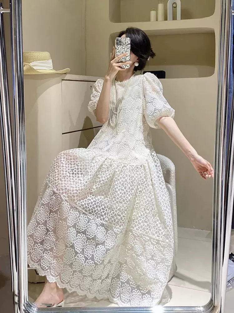 French Fairy Lace Royal Puff Sleeve High-End Women's Dress - Harmony Gallery