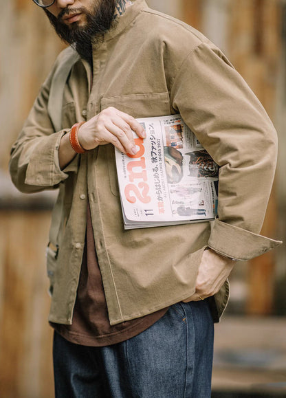 American Retro Workwear Corduroy Collarless Loose Men's Shirt - Harmony Gallery