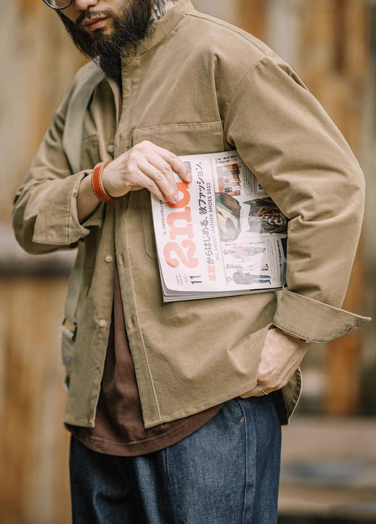 American Retro Workwear Corduroy Collarless Loose Men's Shirt - Harmony Gallery